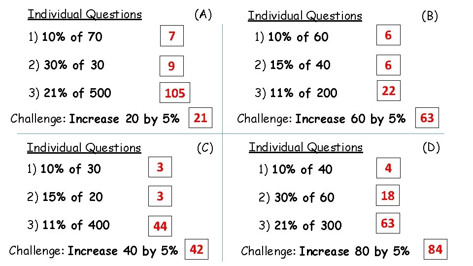Individual Questions (A) Individual Questions (B) 1) 10% of 70 7 1) 10% of