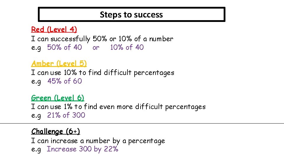Steps to success Red (Level 4) I can successfully 50% or 10% of a