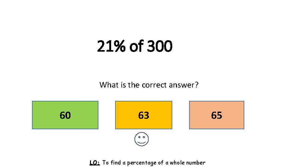 21% of 300 What is the correct answer? 60 63 LO: To find a