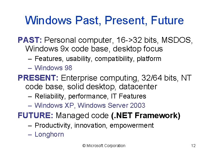 Windows Past, Present, Future PAST: Personal computer, 16 ->32 bits, MSDOS, Windows 9 x