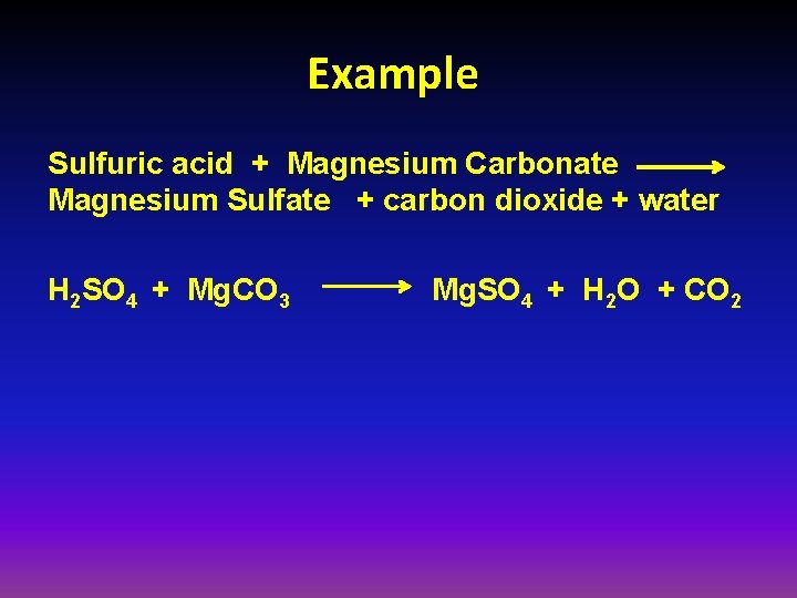 Example Sulfuric acid + Magnesium Carbonate Magnesium Sulfate + carbon dioxide + water H