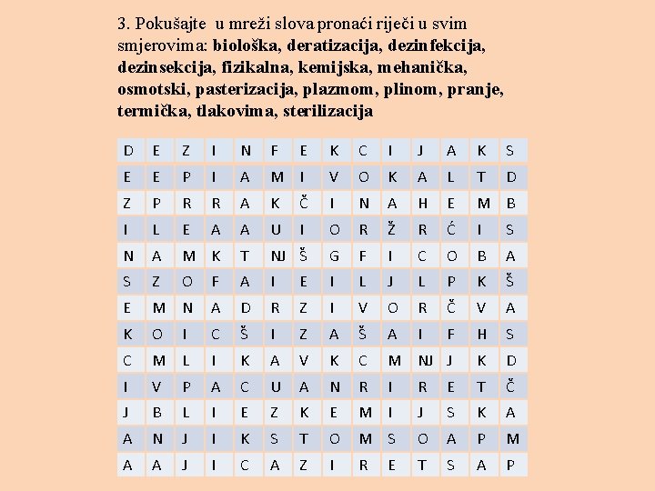 3. Pokušajte u mreži slova pronaći riječi u svim smjerovima: biološka, deratizacija, dezinfekcija, dezinsekcija,