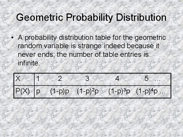 Geometric Probability Distribution • A probability distribution table for the geometric random variable is