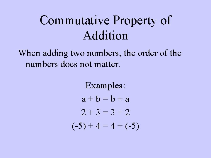 Commutative Property of Addition When adding two numbers, the order of the numbers does