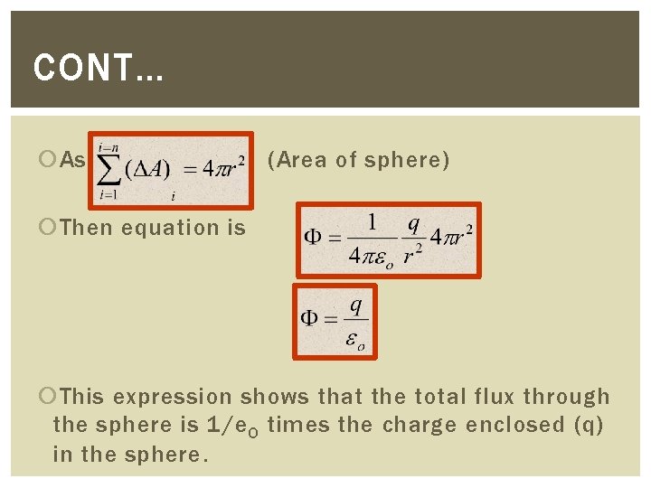 CONT… As (Area of sphere) Then equation is This expression shows that the total