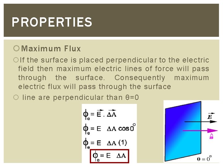 PROPERTIES Maximum Flux If the surface is placed perpendicular to the electric field then