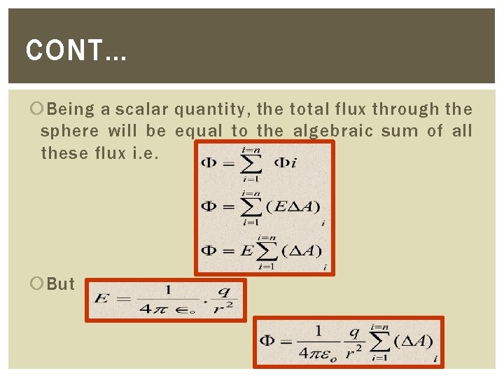 CONT… Being a scalar quantity, the total flux through the sphere will be equal