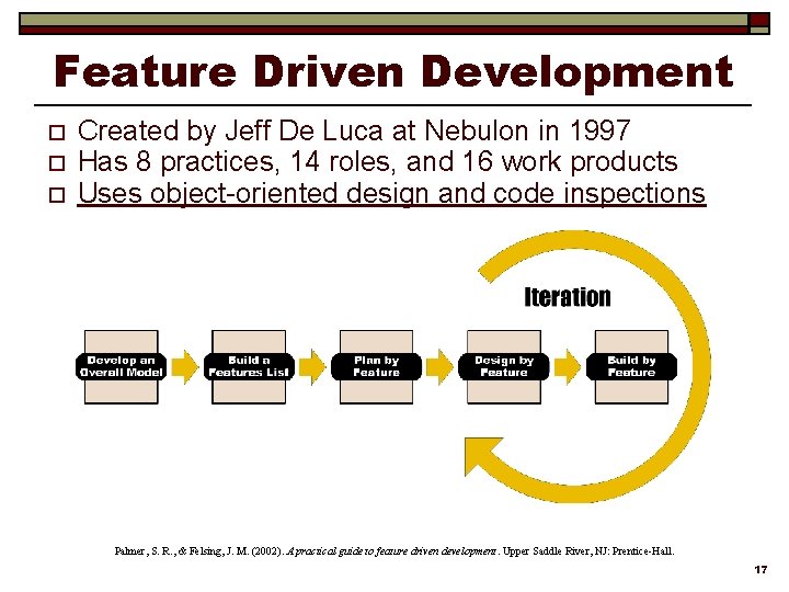 Feature Driven Development o o o Created by Jeff De Luca at Nebulon in
