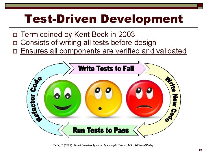 Test-Driven Development o o o Term coined by Kent Beck in 2003 Consists of