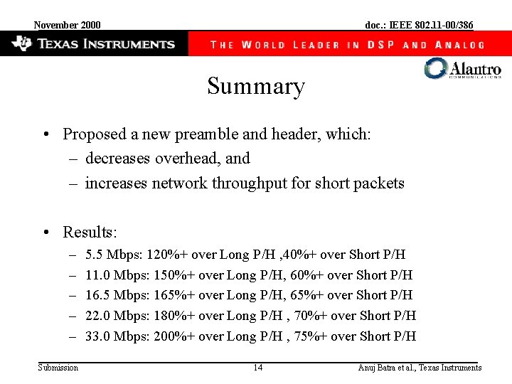 November 2000 doc. : IEEE 802. 11 -00/386 Summary • Proposed a new preamble