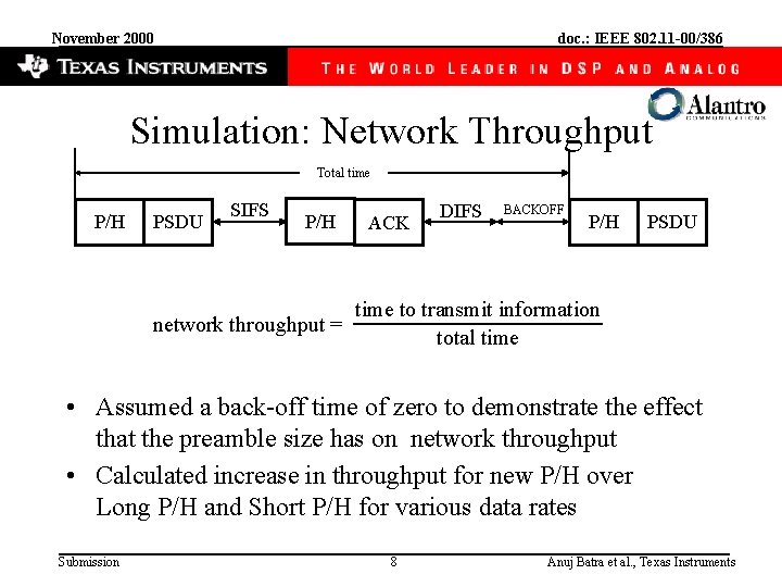 November 2000 doc. : IEEE 802. 11 -00/386 Simulation: Network Throughput Total time P/H