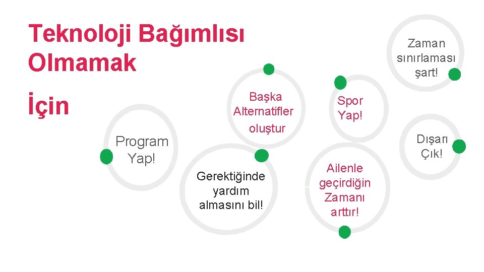 Teknoloji Bağımlısı Olmamak İçin Program Yap! Başka Alternatifler oluştur Gerektiğinde yardım almasını bil! Zaman