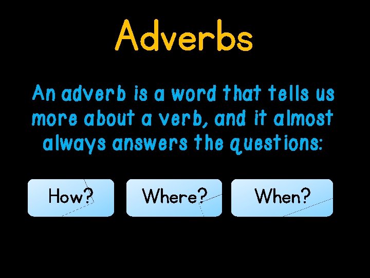 Adverbs An adverb is a word that tells us more about a verb, and