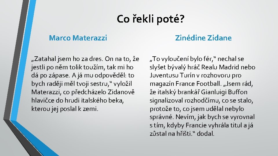 Co řekli poté? Marco Materazzi „Zatahal jsem ho za dres. On na to, že