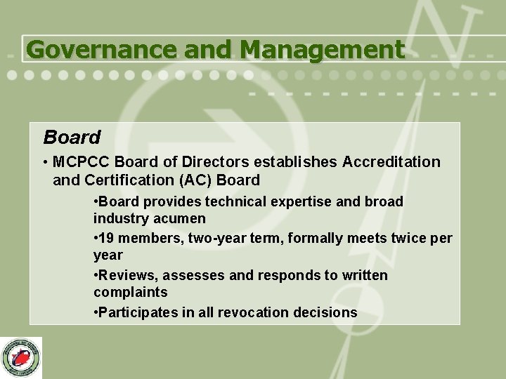 Governance and Management Board • MCPCC Board of Directors establishes Accreditation and Certification (AC)
