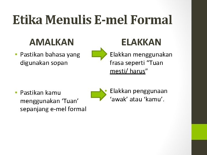 Etika Menulis E-mel Formal AMALKAN ELAKKAN • Pastikan bahasa yang digunakan sopan • Elakkan