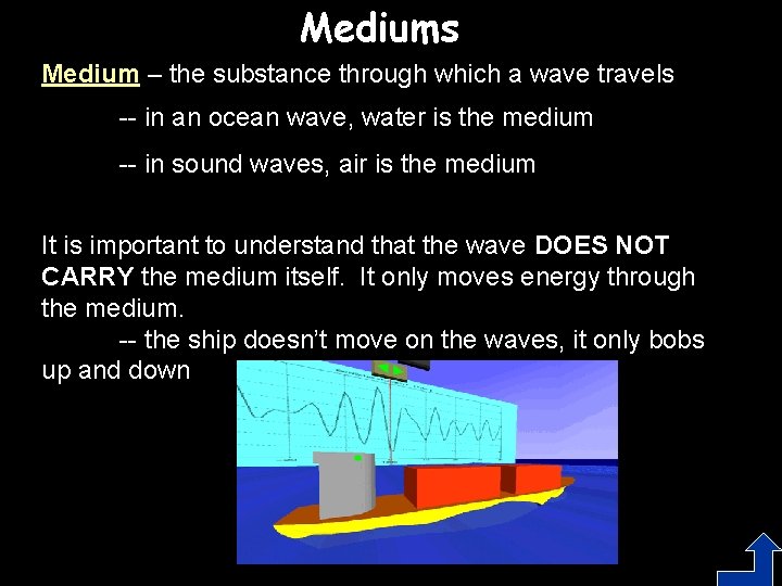 Mediums Medium – the substance through which a wave travels -- in an ocean