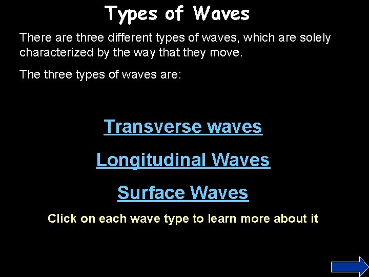Types of Waves There are three different types of waves, which are solely characterized