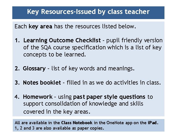 Key Resources-Issued by class teacher Each key area has the resources listed below. 1.