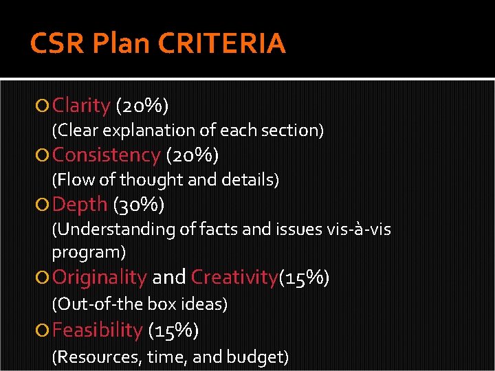 CSR Plan CRITERIA Clarity (20%) (Clear explanation of each section) Consistency (20%) (Flow of