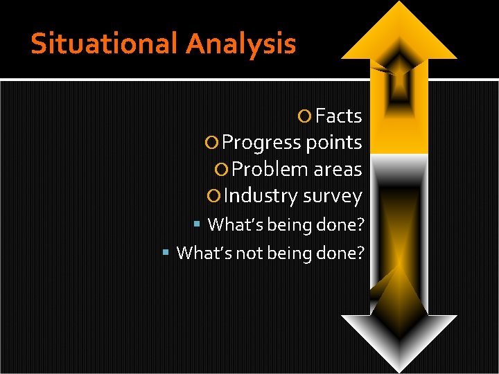 Situational Analysis Facts Progress points Problem areas Industry survey What’s being done? What’s not