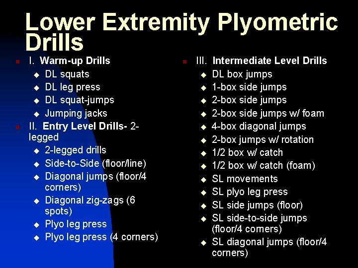 Lower Extremity Plyometric Drills n n I. Warm-up Drills u DL squats u DL