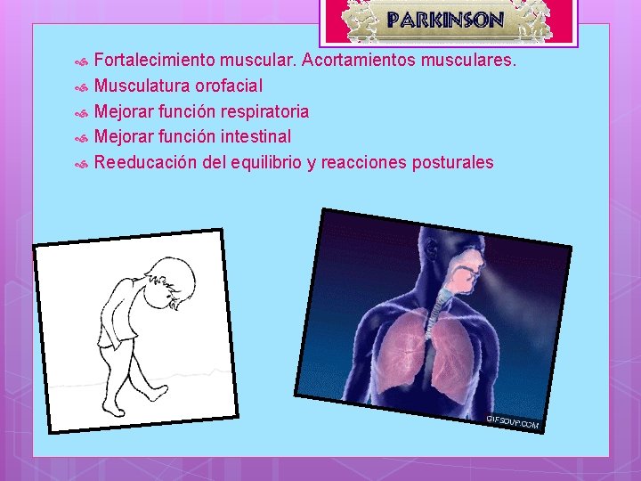 Fortalecimiento muscular. Acortamientos musculares. Musculatura orofacial Mejorar función respiratoria Mejorar función intestinal Reeducación del