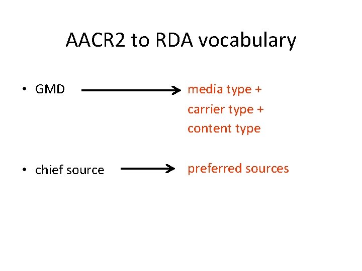 AACR 2 to RDA vocabulary • GMD media type + carrier type + content