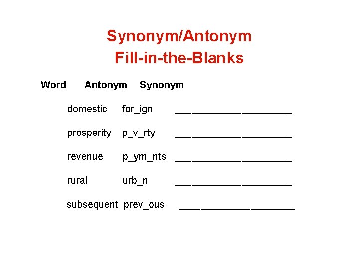 Synonym/Antonym Fill-in-the-Blanks Word Antonym Synonym domestic for_ign ___________ prosperity p_v_rty ___________ revenue p_ym_nts ___________