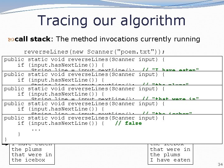 Tracing our algorithm call stack: The method invocations currently running reverse. Lines(new Scanner("poem. txt"));