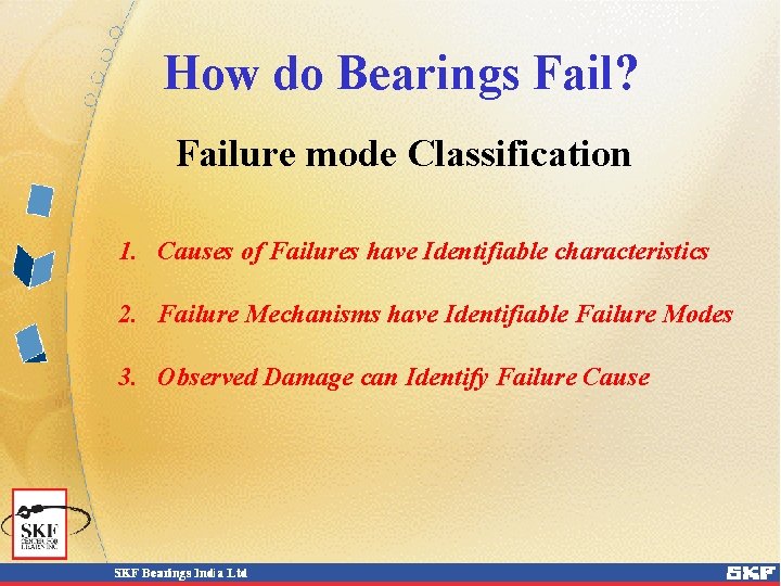 How do Bearings Fail? Failure mode Classification 1. Causes of Failures have Identifiable characteristics How do Bearings Fail? Failure mode Classification 1. Causes of Failures have Identifiable characteristics