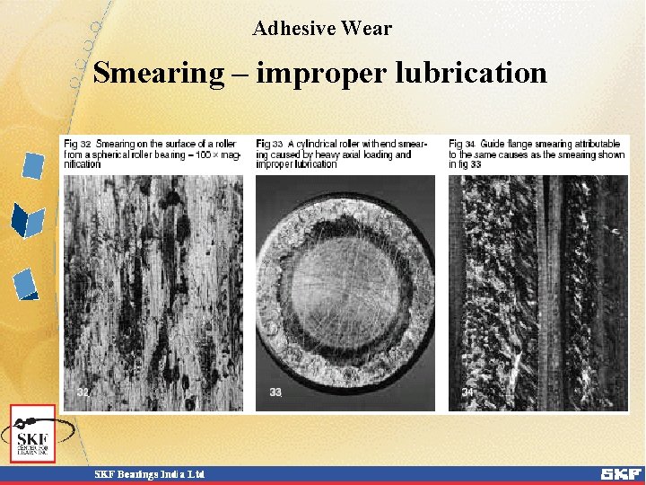 Adhesive Wear Smearing – improper lubrication Adhesive Wear Smearing – improper lubrication