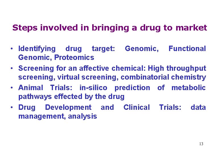 Steps involved in bringing a drug to market • Identifying drug target: Genomic, Functional