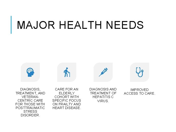 MAJOR HEALTH NEEDS DIAGNOSIS, TREATMENT, AND VETERANCENTRIC CARE FOR THOSE WITH POSTTRAUMATIC STRESS DISORDER.