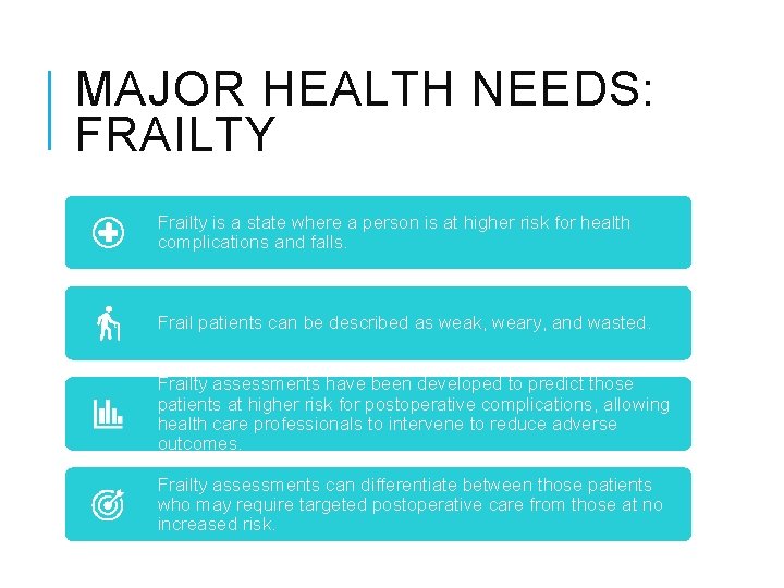 MAJOR HEALTH NEEDS: FRAILTY Frailty is a state where a person is at higher