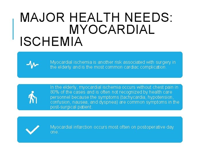 MAJOR HEALTH NEEDS: MYOCARDIAL ISCHEMIA Myocardial ischemia is another risk associated with surgery in