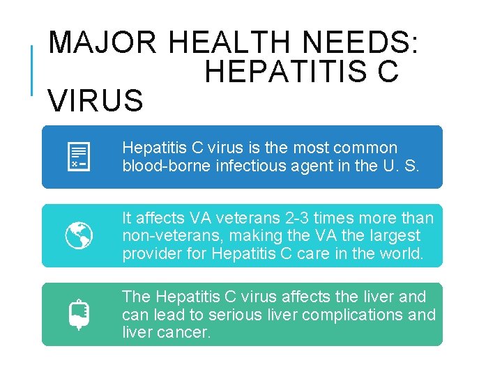 MAJOR HEALTH NEEDS: HEPATITIS C VIRUS Hepatitis C virus is the most common blood-borne