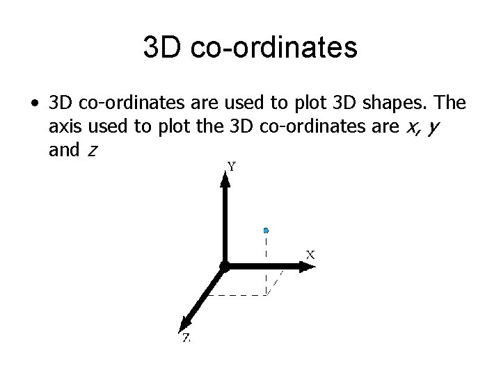 3 D co-ordinates • 3 D co-ordinates are used to plot 3 D shapes.