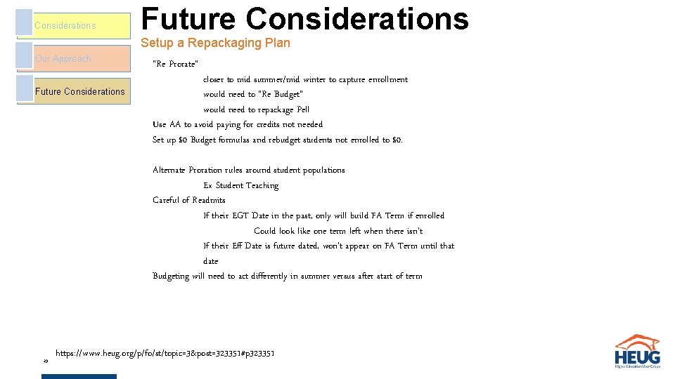 Considerations Future Considerations Setup a Repackaging Plan Our Approach Future Considerations “Re Prorate” closer