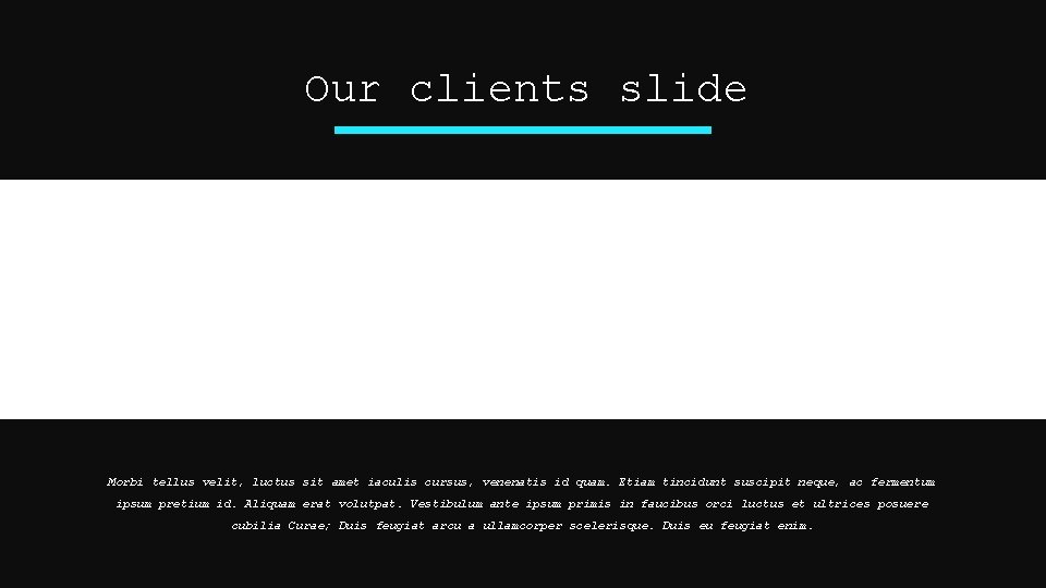 Our clients slide Morbi tellus velit, luctus sit amet iaculis cursus, venenatis id quam.