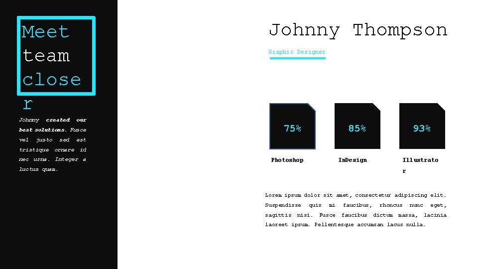 Meet team close r Johnny created our best solutions. Fusce vel justo tristique sed