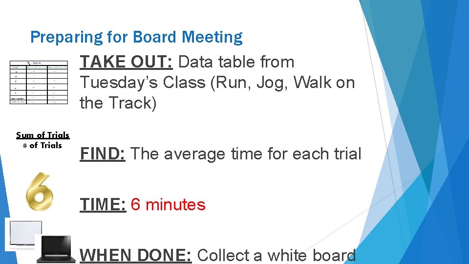 Preparing for Board Meeting TAKE OUT: Data table from Tuesday’s Class (Run, Jog, Walk