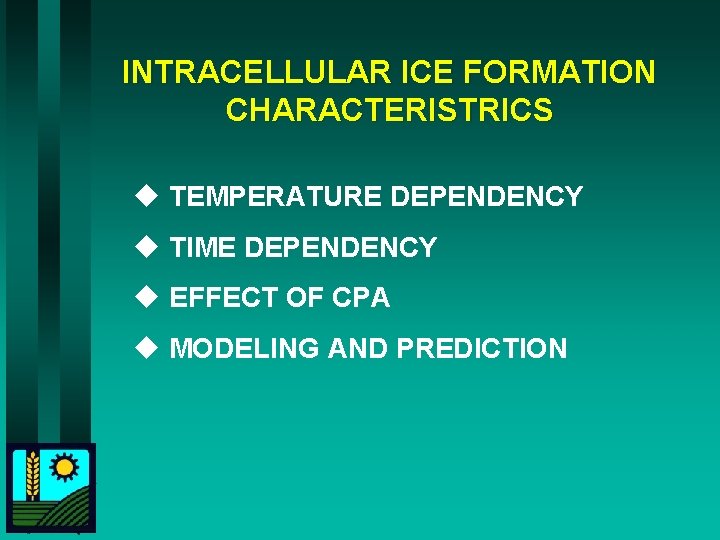 INTRACELLULAR ICE FORMATION CHARACTERISTRICS u TEMPERATURE DEPENDENCY u TIME DEPENDENCY u EFFECT OF CPA