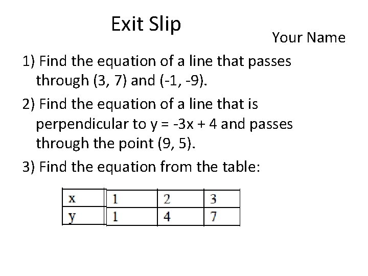 Exit Slip Your Name 1) Find the equation of a line that passes through