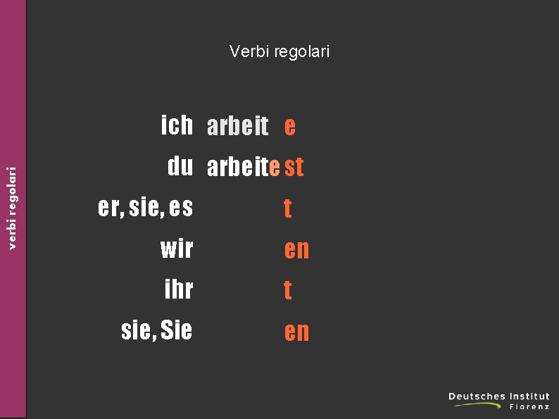 Verbi regolari verbi regolari ich arbeit e du arbeite st er, sie, es arbeite