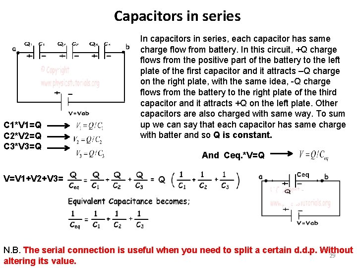 Capacitors in series C 1*V 1=Q C 2*V 2=Q C 3*V 3=Q In capacitors