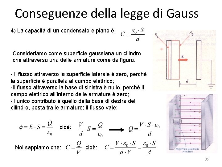 Conseguenze della legge di Gauss 4) La capacità di un condensatore piano è: Consideriamo