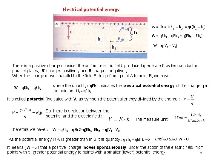 Electrical potential energy W = Fh = F(h 1 – h 2) = q.