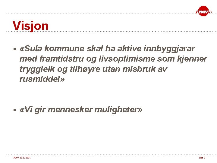 Visjon § «Sula kommune skal ha aktive innbyggjarar med framtidstru og livsoptimisme som kjenner