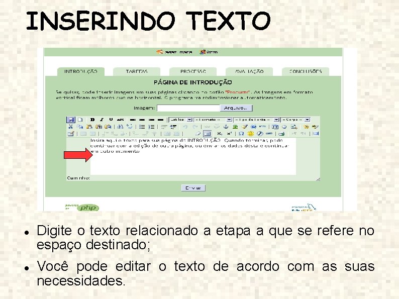 INSERINDO TEXTO Digite o texto relacionado a etapa a que se refere no espaço